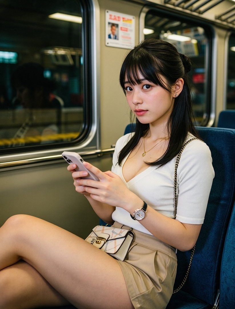 A young East Asian woman with black hair and bangs sits on a train, looking at the camera while holding her phone.