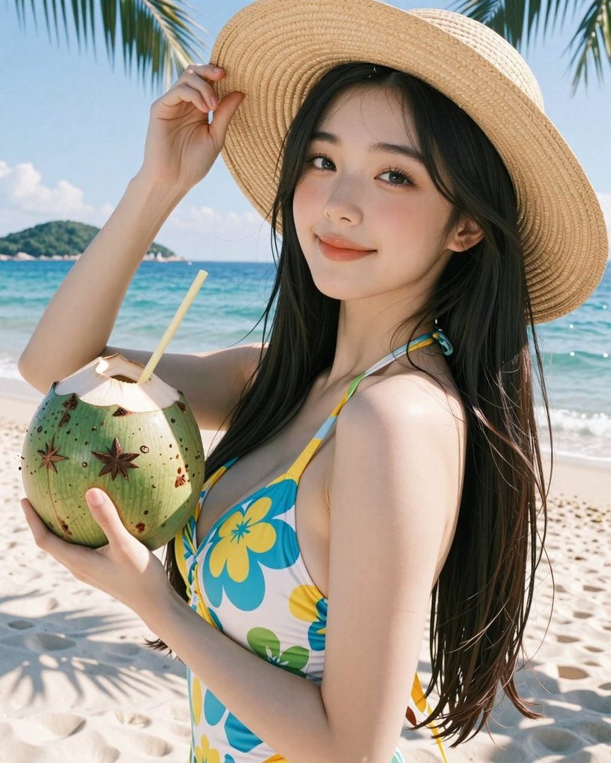A young woman in a floral swimsuit and straw hat holds a coconut drink on a sunny beach.
