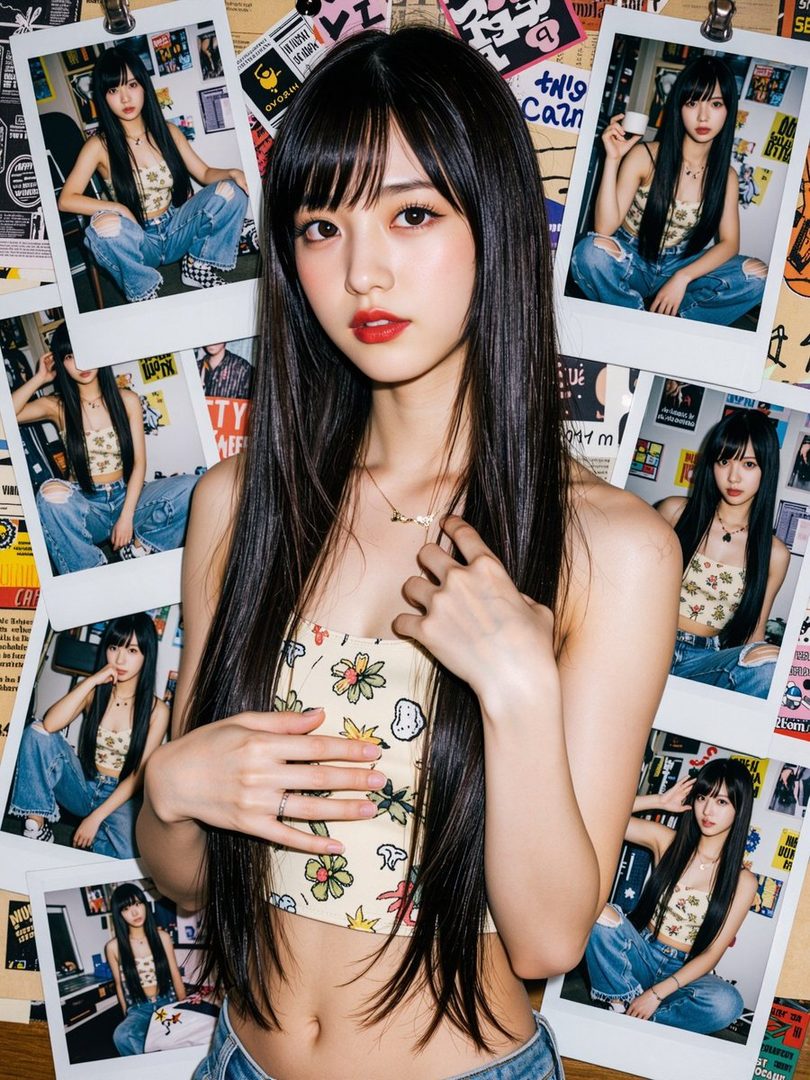 A young woman with long black hair and bangs poses in a floral crop top and jeans, surrounded by polaroid photos of herself.