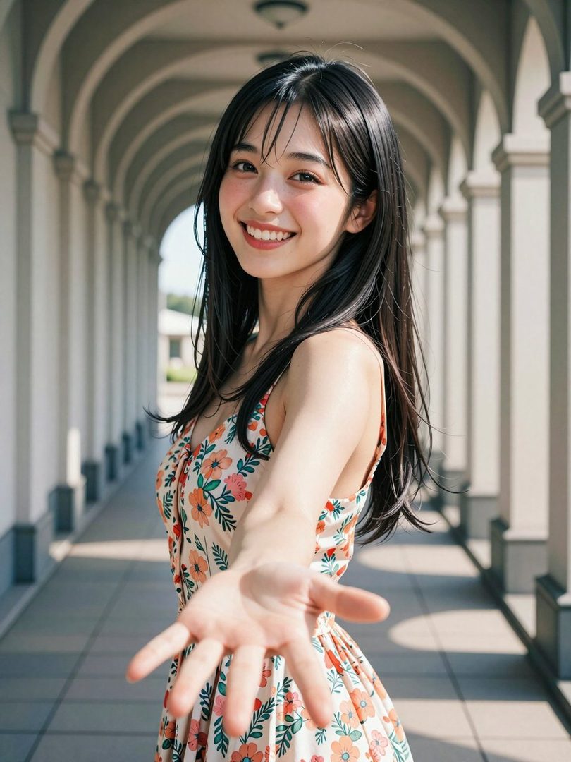 A smiling young woman with long black hair and a floral dress extends her hand towards the viewer in an arched hallway.