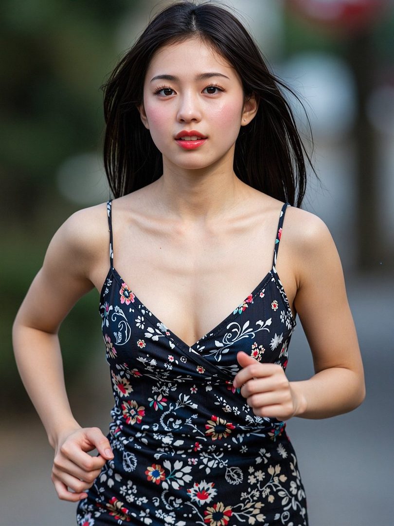 A young East Asian woman with long black hair and a floral dress is captured in a photorealistic outdoor portrait.