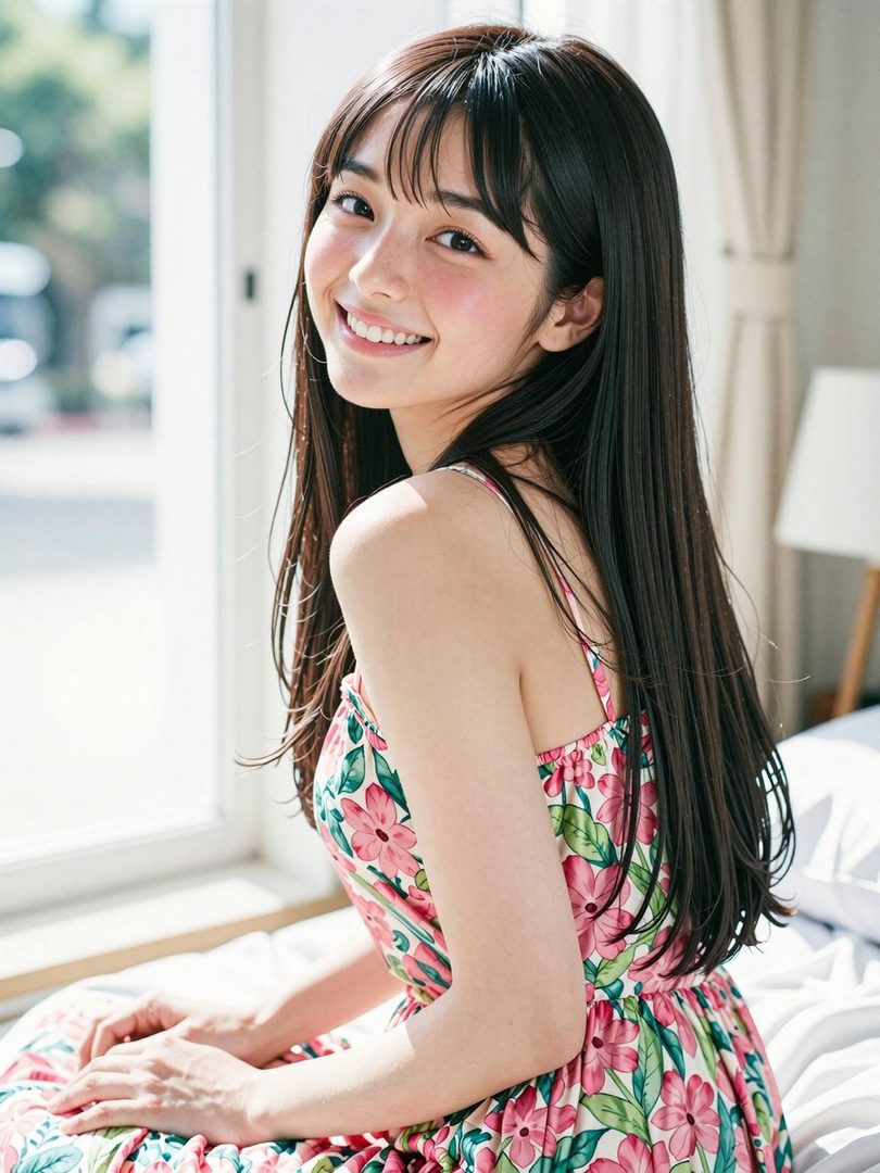A smiling young woman with long dark hair and bangs, wearing a floral dress, sits indoors by a window.