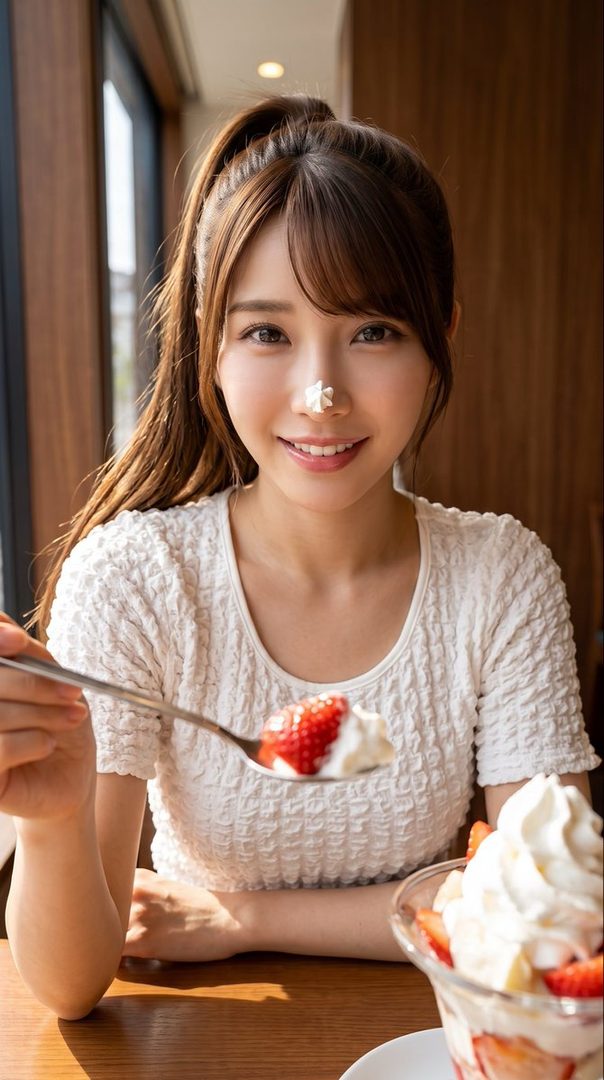A young woman with a ponytail and bangs smiles at the camera while holding a spoon with a strawberry and whipped cream, with some whipped cream on her nose, sitting at a table with a parfait.