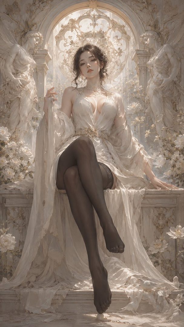 A beautiful woman with brown hair in an elegant white dress and black stockings sits gracefully on a white throne-like structure, surrounded by white floral decorations and classical statues.