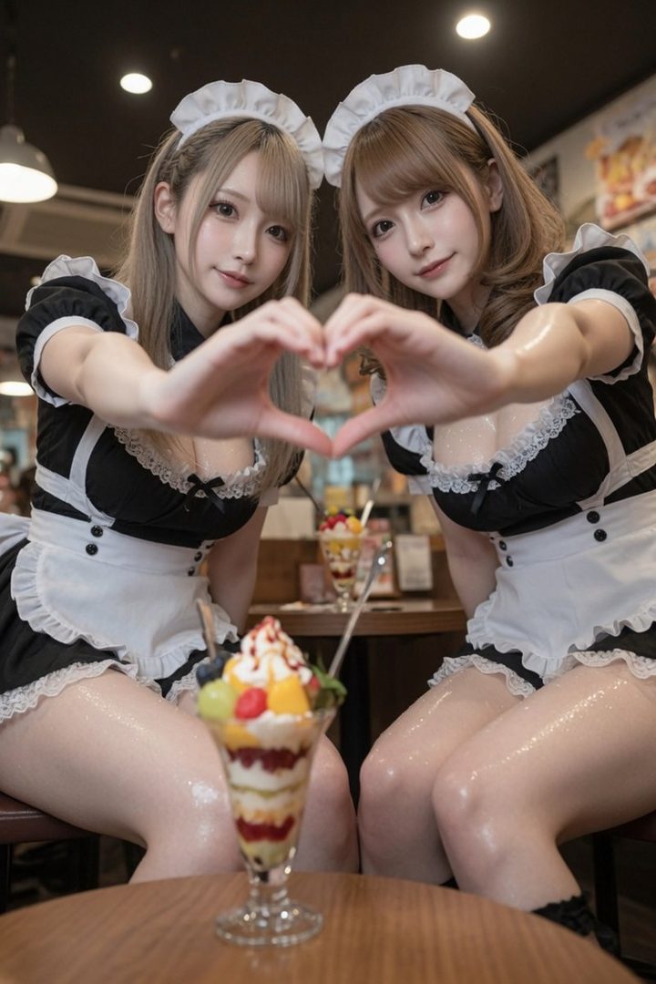 Two women dressed as maids make a heart shape with their hands while sitting at a table with parfaits.