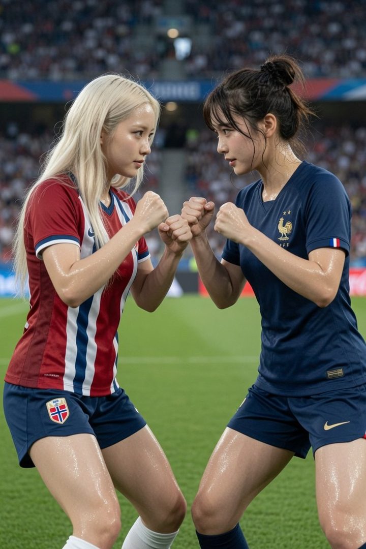 Two women in soccer jerseys, one with blonde hair and one with dark hair, face each other on a soccer field with their fists raised.