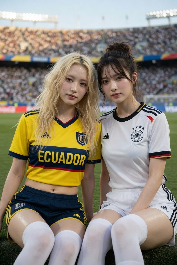 Two young women in soccer jerseys, one for Ecuador and one for Germany, are sitting on a field in a stadium.