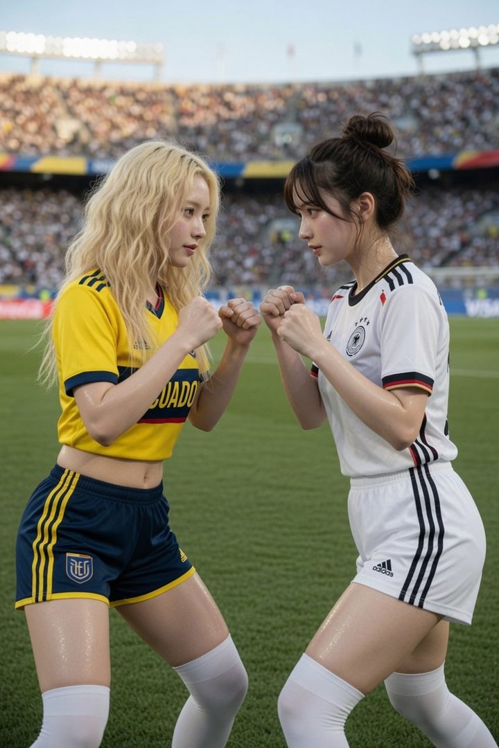 Two women in soccer jerseys, one in Ecuador's yellow and blue and the other in Germany's white, face each other on a soccer field with a stadium crowd in the background.