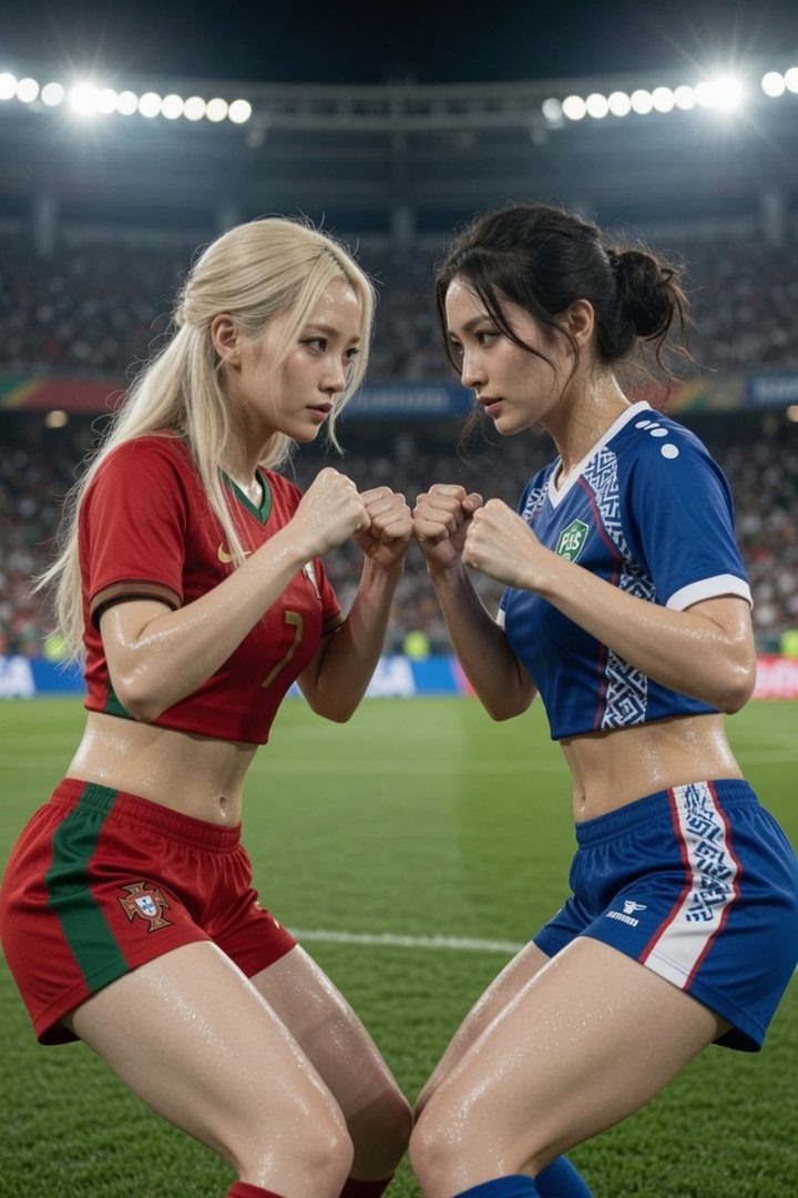Two women in soccer jerseys, one blonde and one with dark hair, face each other in a boxing stance on a soccer field at night.