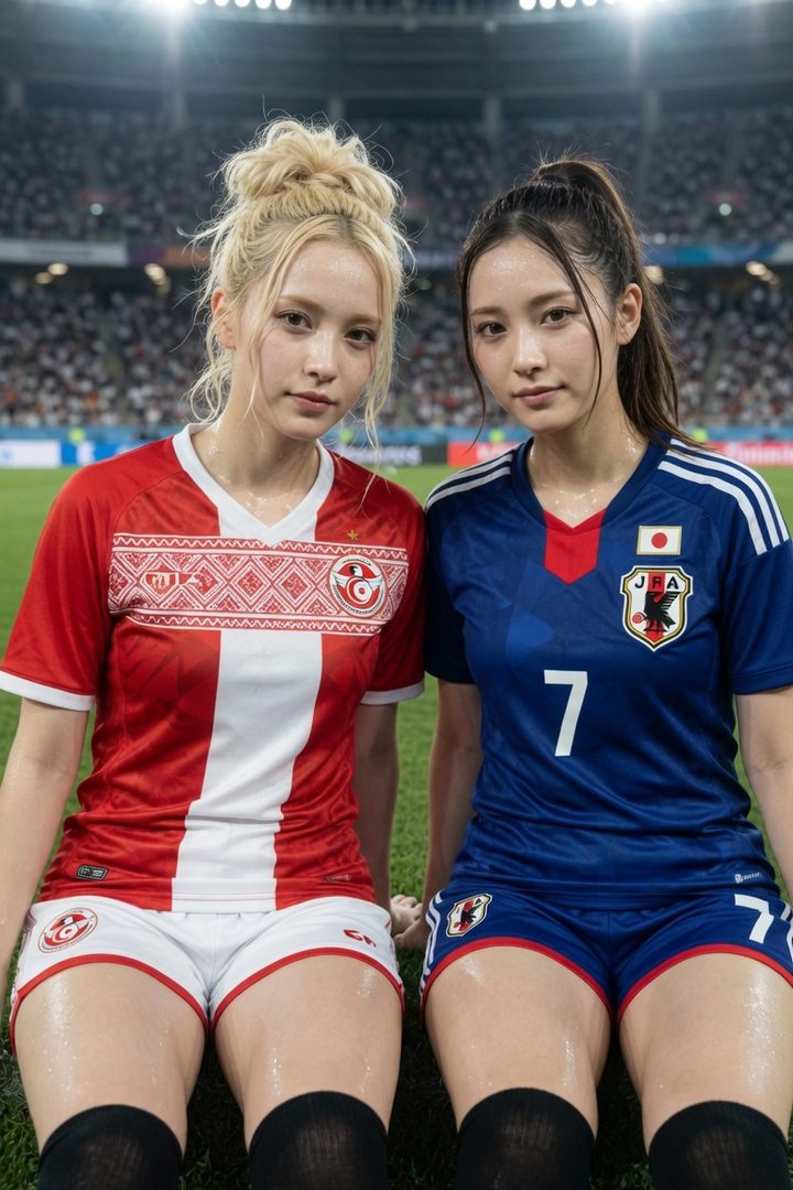 Two women in soccer jerseys, one red and white, the other blue with a Japanese flag, sit on a soccer field.