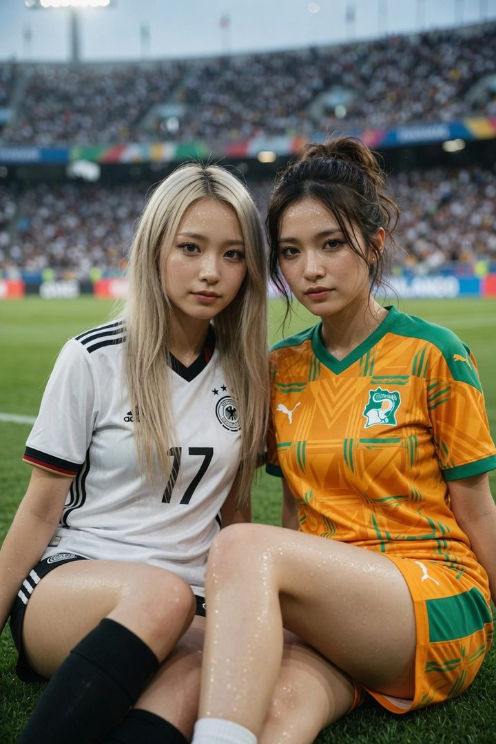 Two young women in soccer jerseys, one in a white Germany jersey and the other in an orange Ivory Coast jersey, sit on a soccer field with a stadium crowd in the background.
