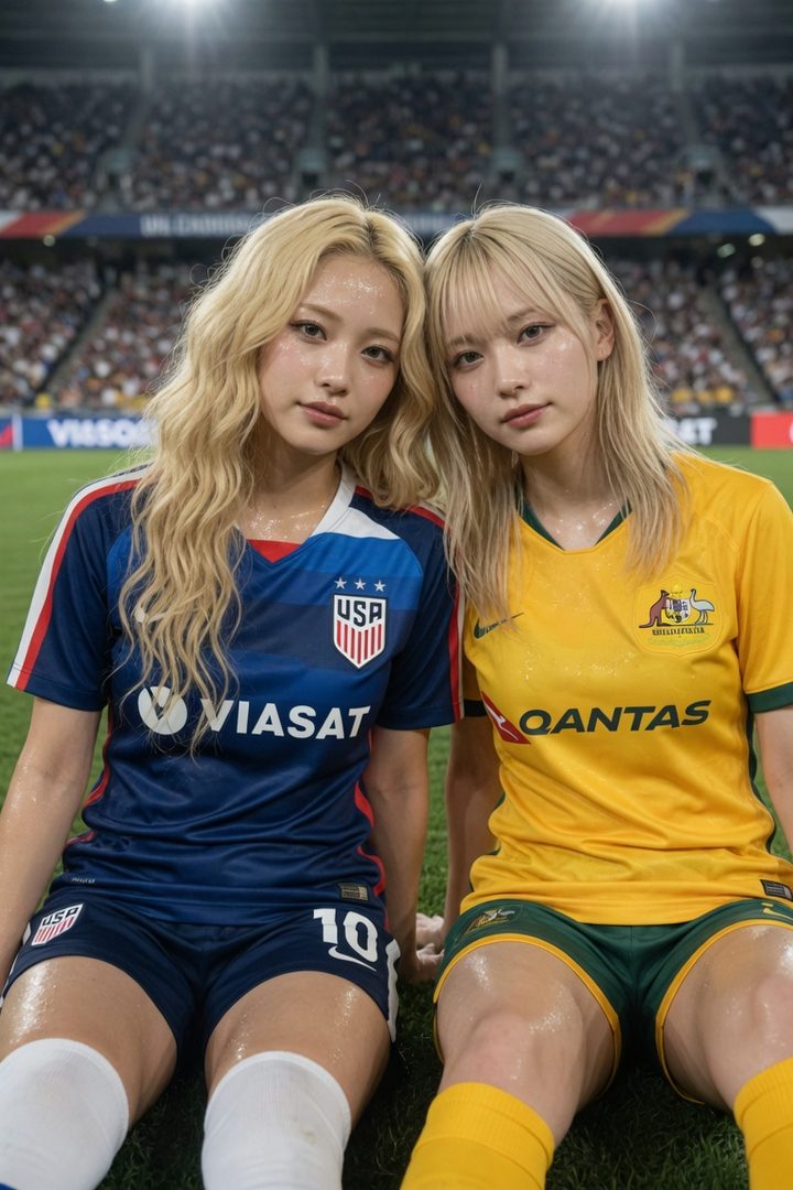 Two women with blonde hair wearing USA and Australia soccer jerseys are sitting on a soccer field in a stadium.