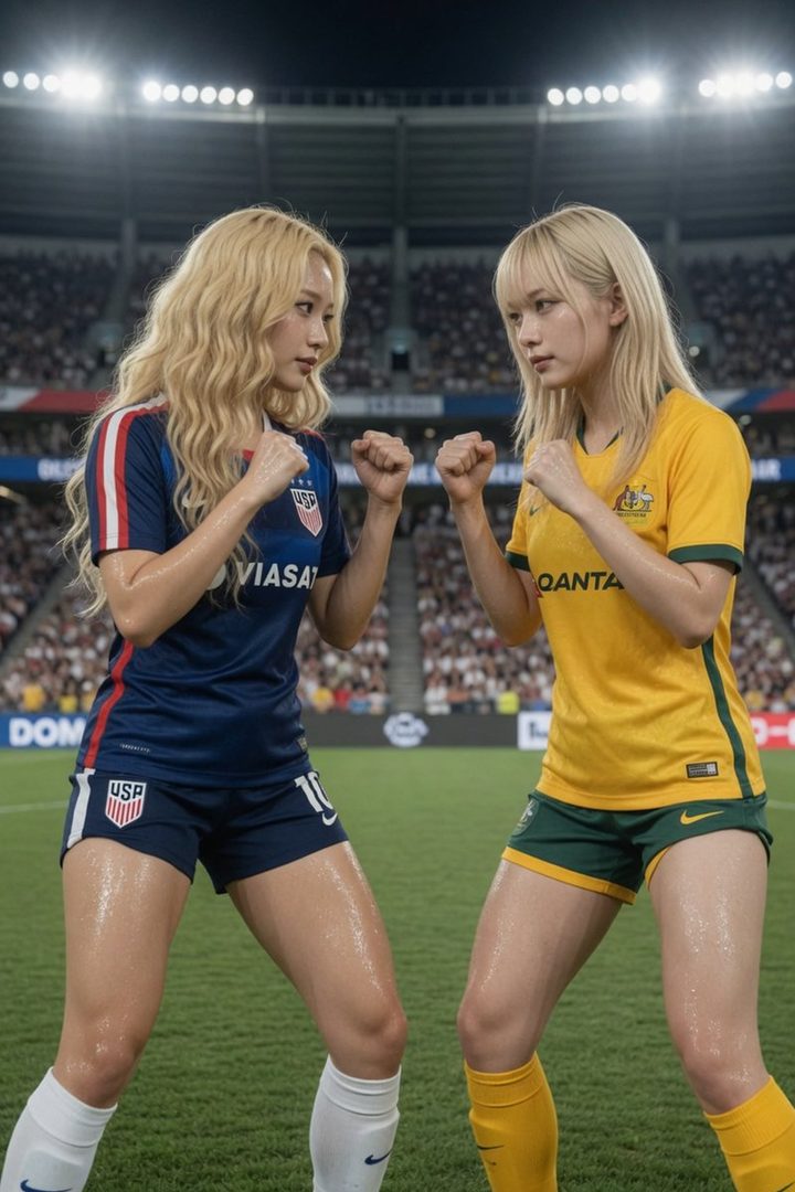 Two women with blonde hair wearing soccer jerseys, one for the USA and one for Australia, face each other on a soccer field.
