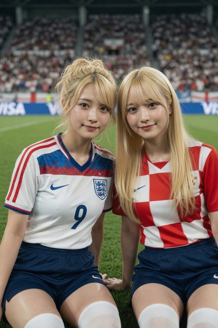 Two young women with blonde hair wearing soccer jerseys, one for England and one for Croatia, sitting on a soccer field.