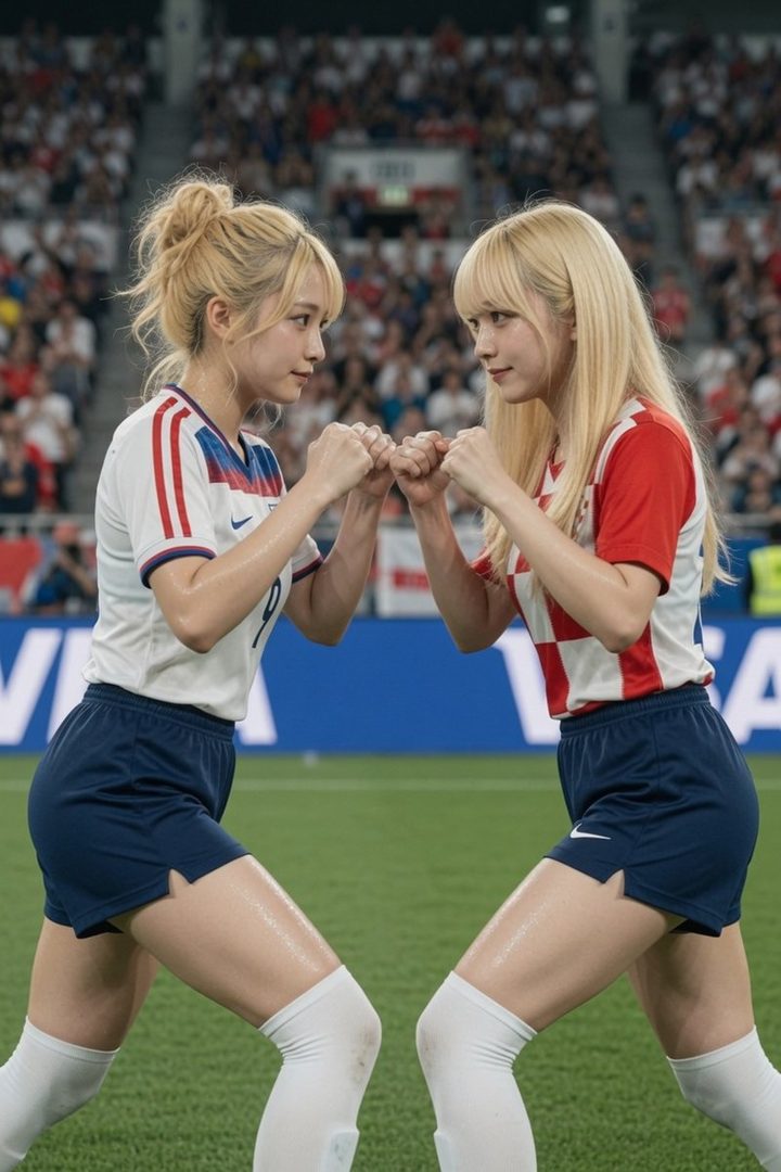 Two blonde women in soccer jerseys and shorts face each other on a soccer field, making fists.