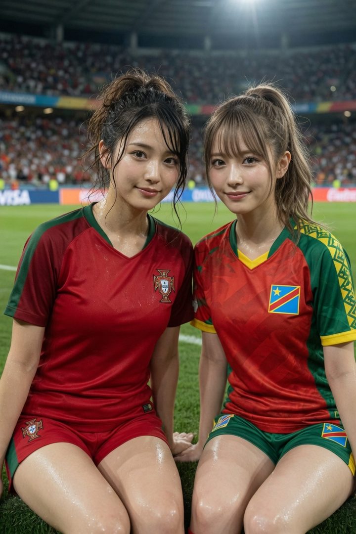 Two young women in soccer jerseys, one for Portugal and one for Congo, are sitting on a soccer field.