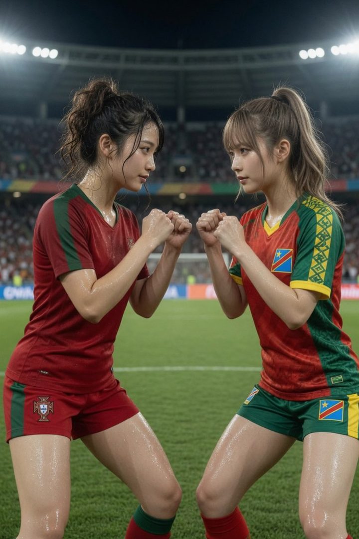 Two young women in soccer jerseys, one representing Portugal and the other Congo, face each other on a soccer field at night, ready to fight.