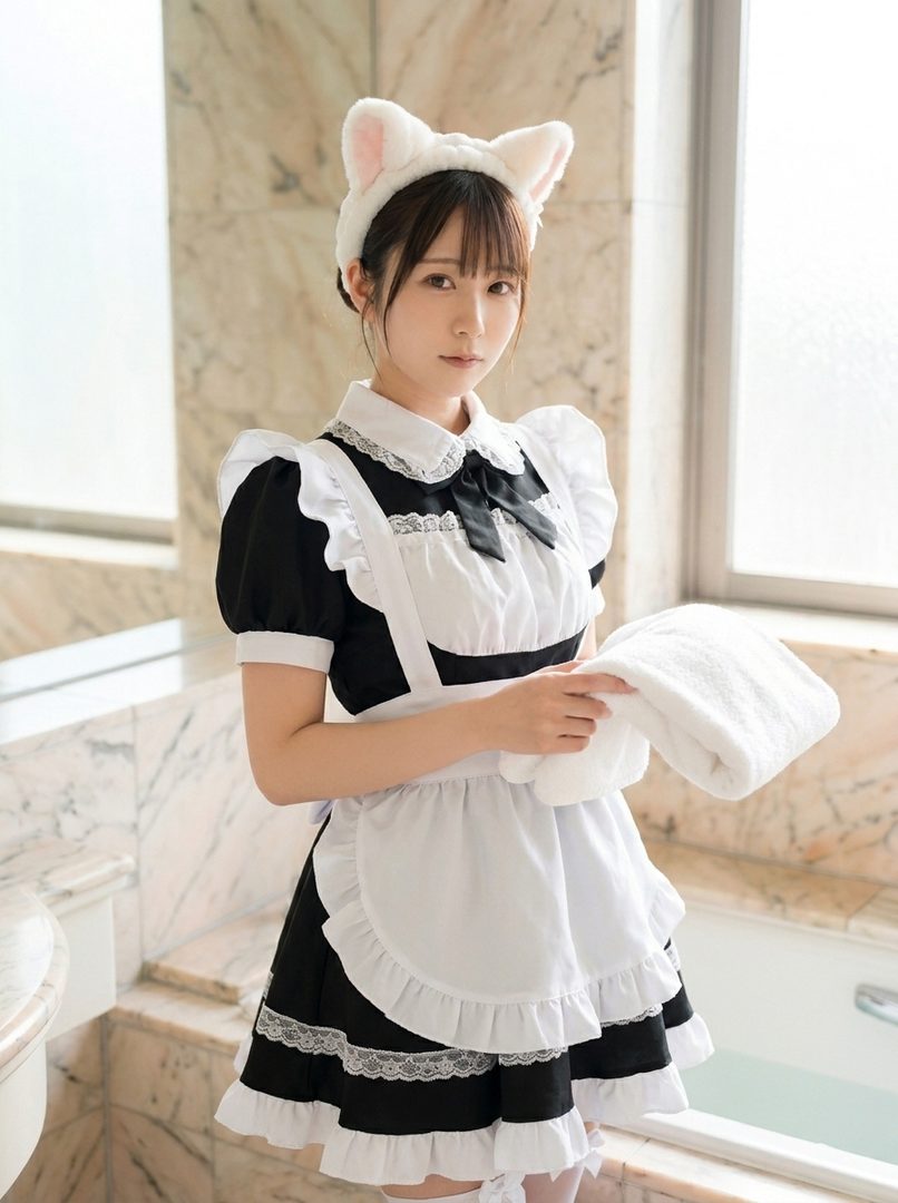 A young woman in a maid outfit with cat ears holds a towel in a bathroom.