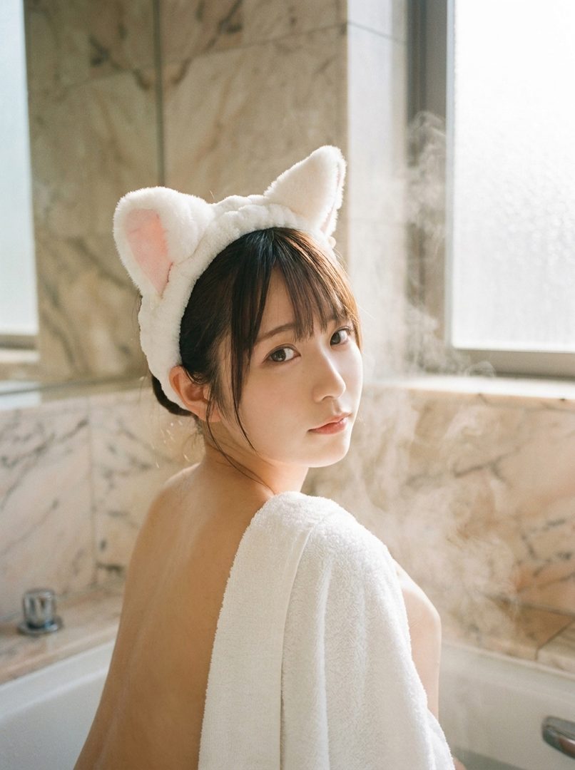 A young woman with a cat-ear headband and a towel draped over her shoulder, sitting in a steamy bathtub.