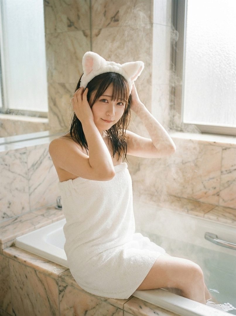 A young woman with a cat-ear headband and a towel wrapped around her body sits by a steaming bathtub.