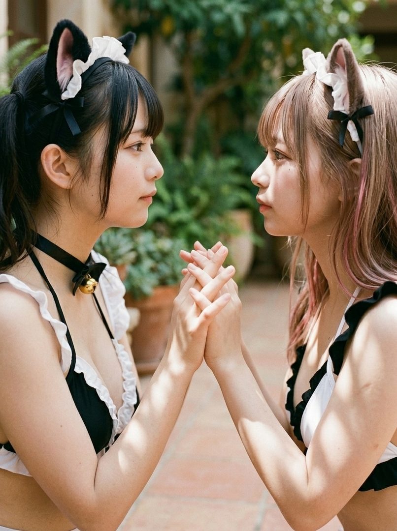 Two young women in maid-themed swimwear and cat ears hold hands and gaze at each other outdoors.
