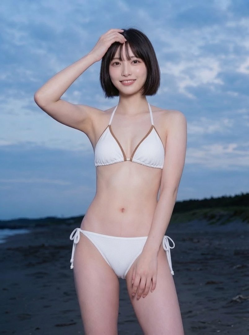 A young woman with short black hair and bangs smiles while posing in a white bikini on a beach at golden hour.