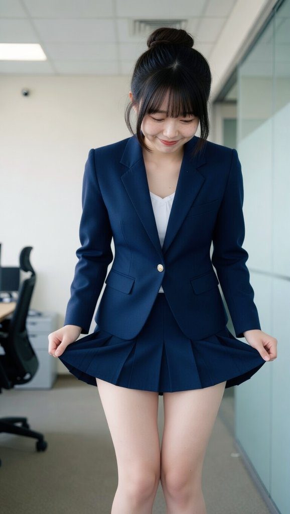 A young woman in a navy blue suit jacket and pleated skirt stands in an office, looking down and smiling shyly.