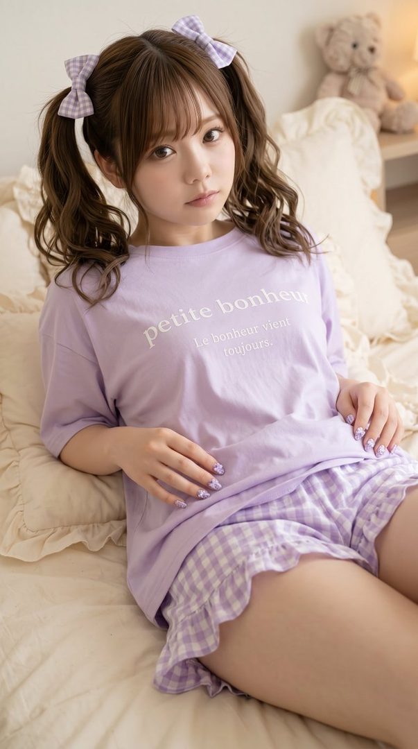 A cute Japanese woman with brown twintails and bangs, wearing a purple t-shirt and checkered shorts, lies on a bed indoors.