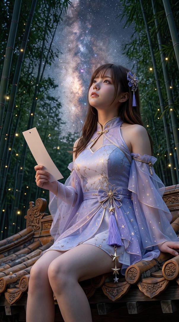 A young woman in a purple dress with star patterns sits on a tiled roof under a starry night sky with bamboo trees.