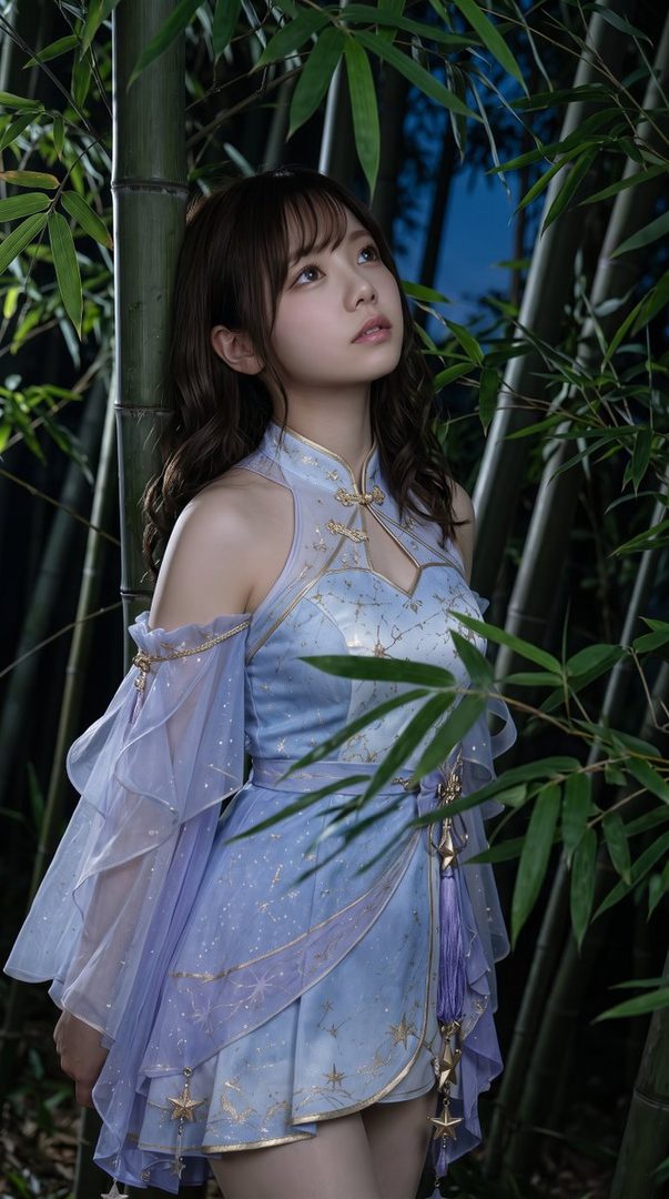 A young woman with brown hair and bangs wears a light blue and purple dress with star patterns, standing among bamboo stalks at night.
