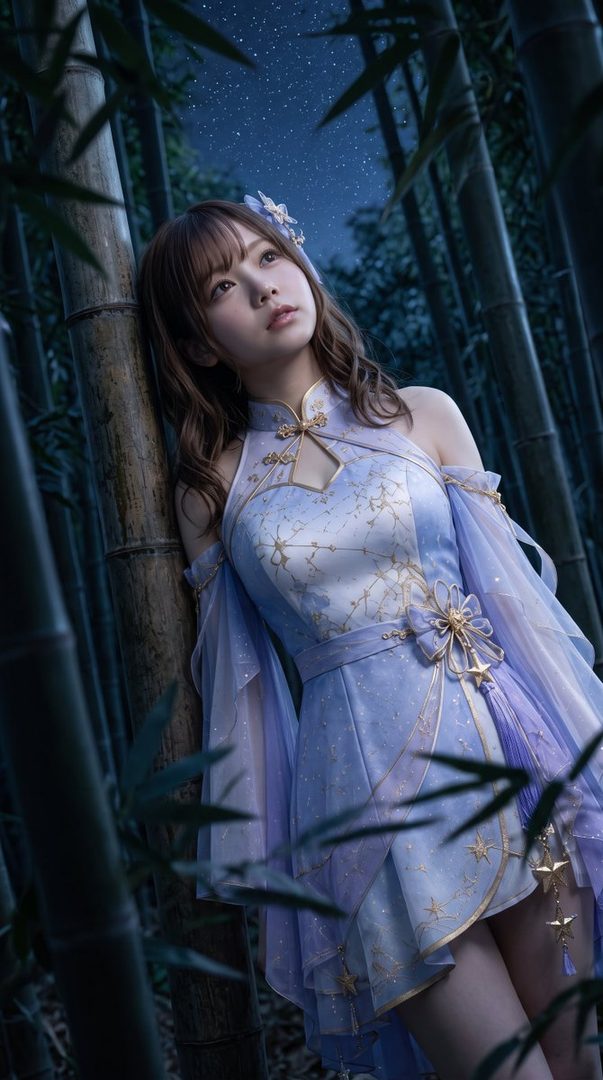 A woman in a light purple dress with gold accents stands in a bamboo forest at night, looking up at a starry sky.