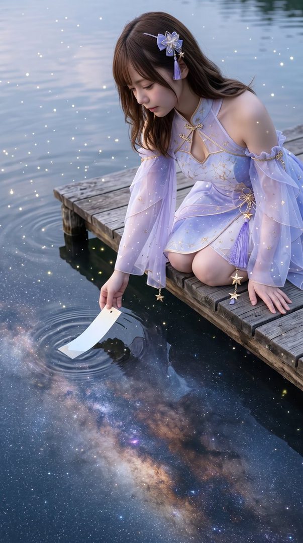 A woman in a light purple dress with star patterns kneels on a wooden dock, gently touching the water which reflects a starry galaxy.