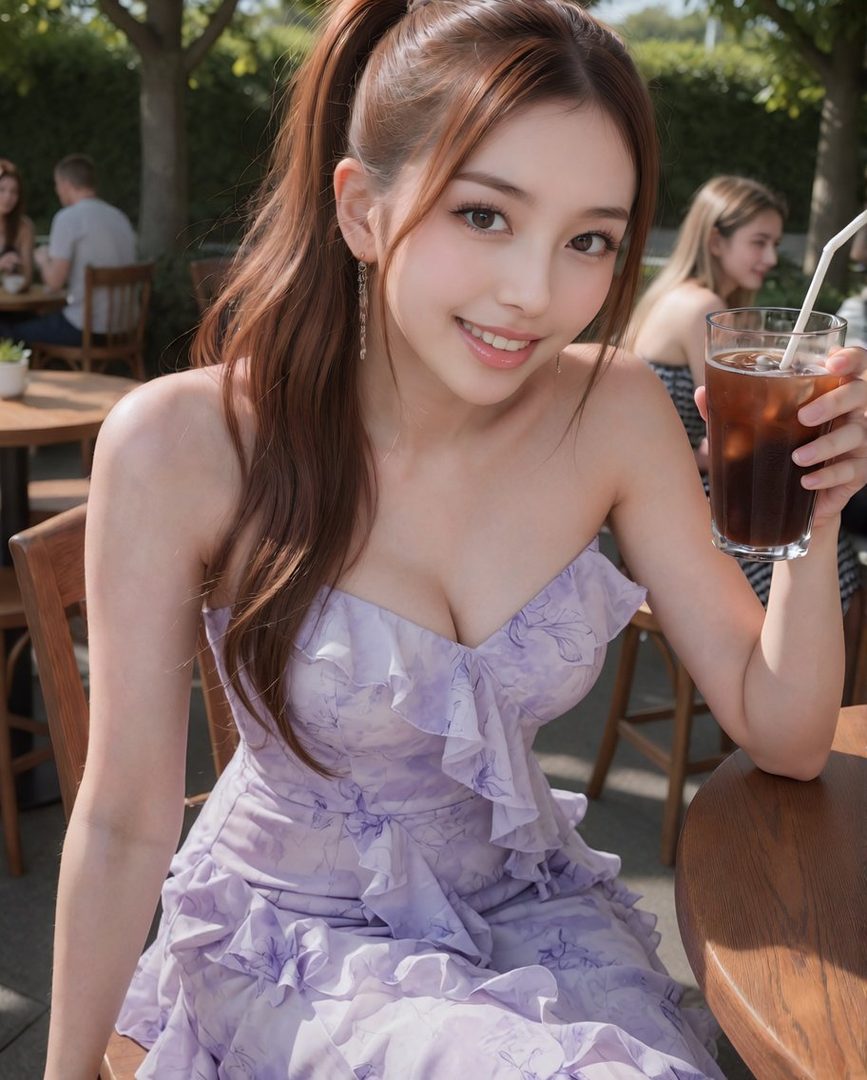 A young woman with brown hair in a ponytail, wearing a purple ruffled dress, smiles while holding an iced coffee at an outdoor cafe.
