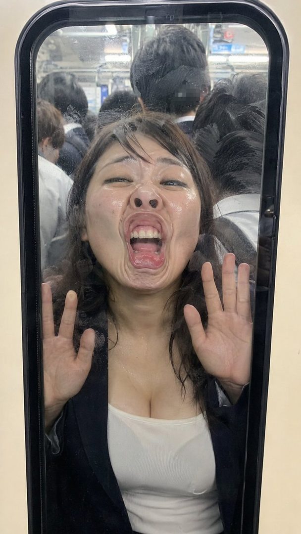 A woman presses her face against a train window, making a funny expression, with other passengers visible in the background.