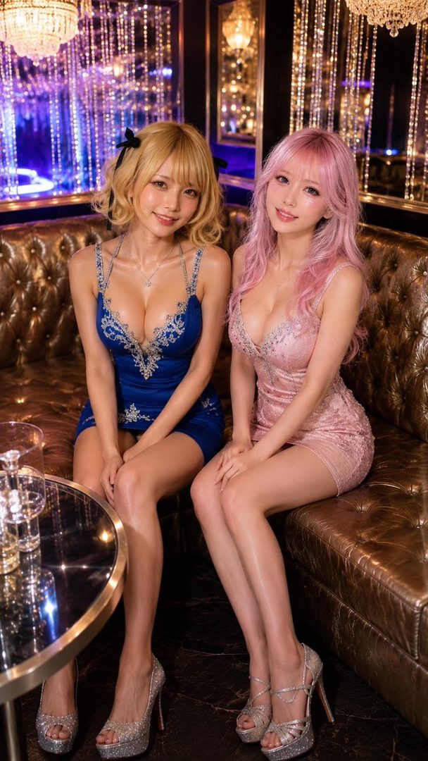 Two women in short, sparkling dresses are sitting on a brown leather couch in a dimly lit, luxurious indoor setting with chandeliers and purple lighting.