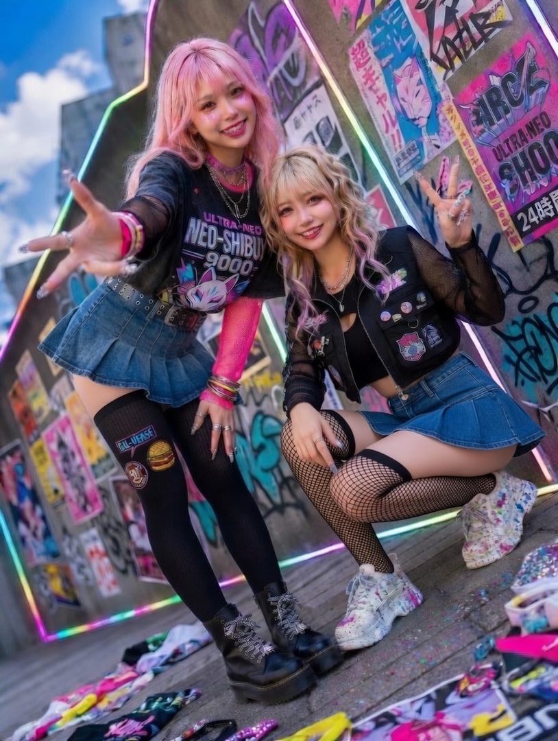 Two young women with pink and blonde hair pose in street fashion with denim skirts and graphic tees against a graffiti-covered wall.