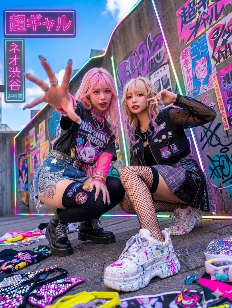 Two young women with colorful hair and edgy street fashion pose in front of a graffiti-covered wall with neon signs.