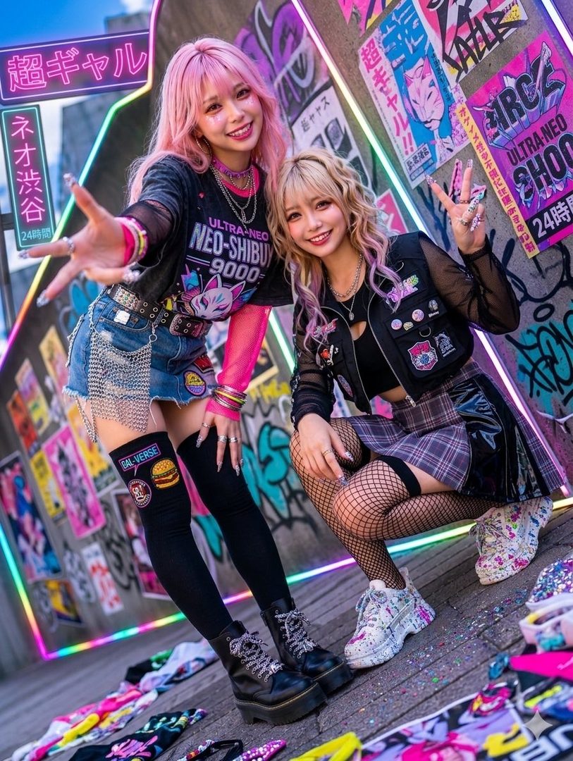 Two young women with vibrant pink and blonde hair pose in trendy street fashion outfits against a graffiti-covered wall with neon signs.