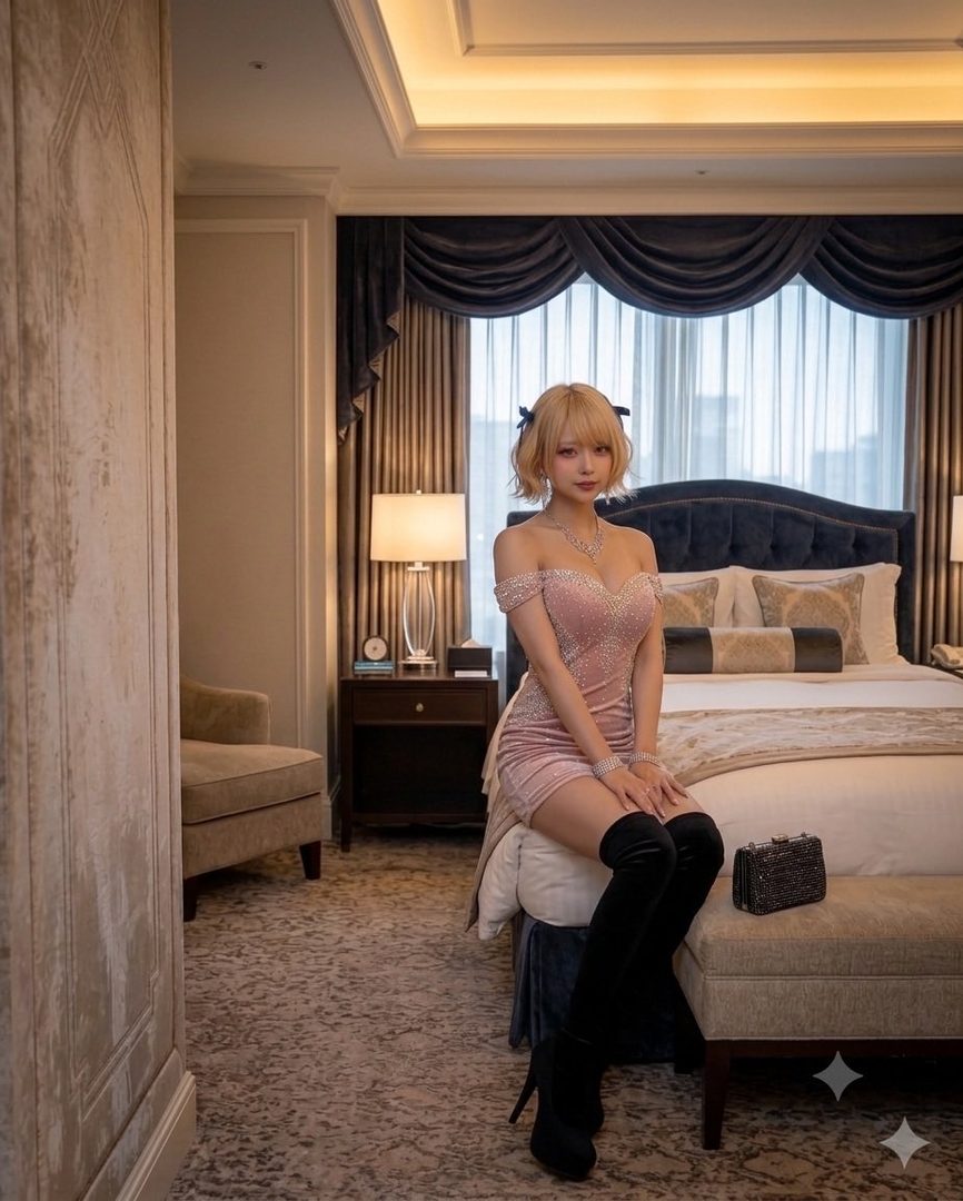 A blonde woman in a sparkling pink dress and black boots sits on a bench in a luxurious hotel room.