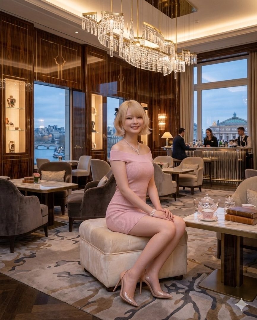 A young woman with blonde hair wearing a pink off-the-shoulder dress and high heels sits elegantly in a luxurious indoor setting with large windows overlooking a city.