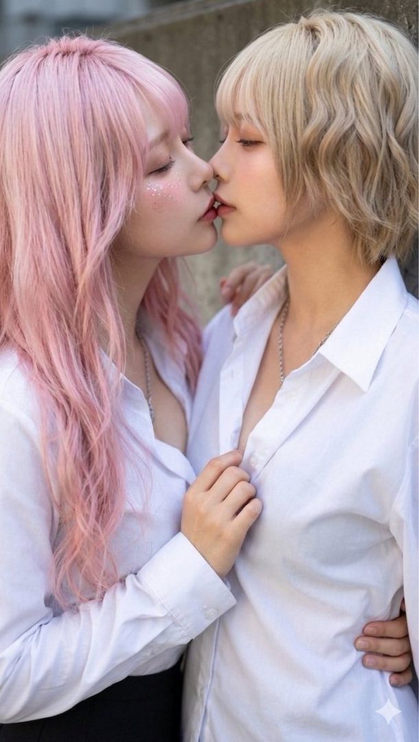 Two women with pink and blonde hair are kissing while wearing white shirts.