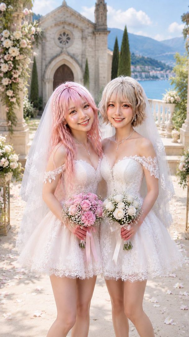 Two women in white wedding dresses and veils hold bouquets, smiling in front of a church by the sea.