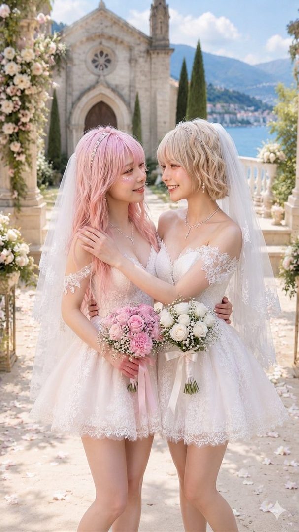 Two women in short white wedding dresses and veils hold bouquets and embrace in front of a church by a lake.
