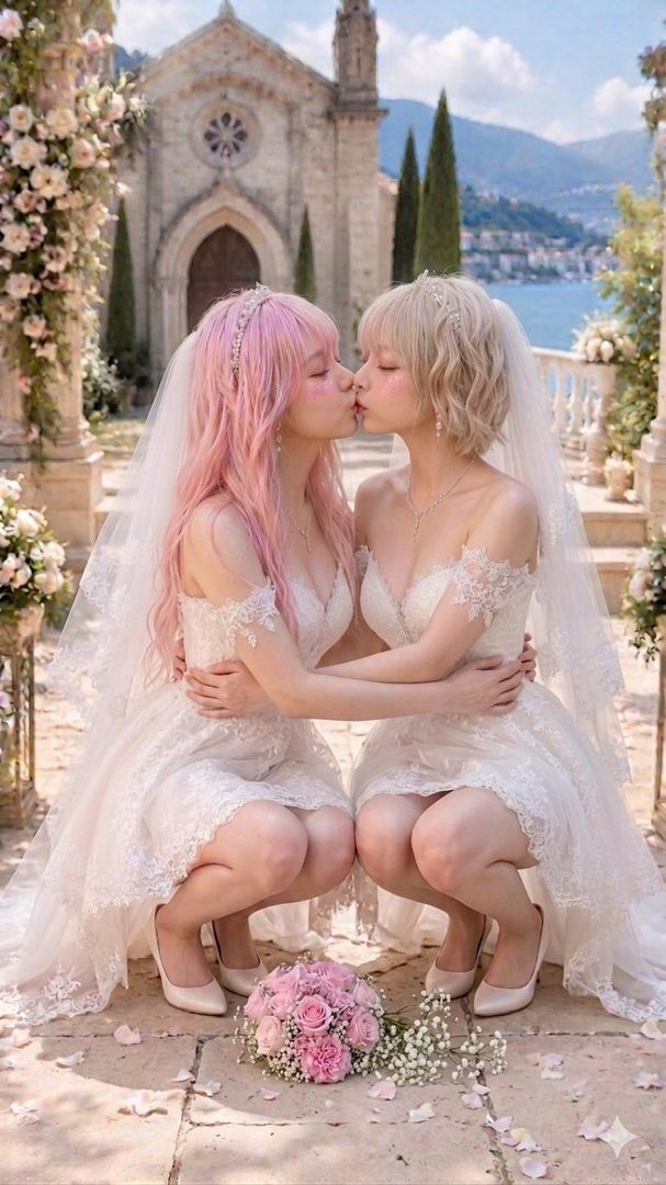 Two women in wedding dresses with pink and blonde hair are kissing outdoors in front of a church.