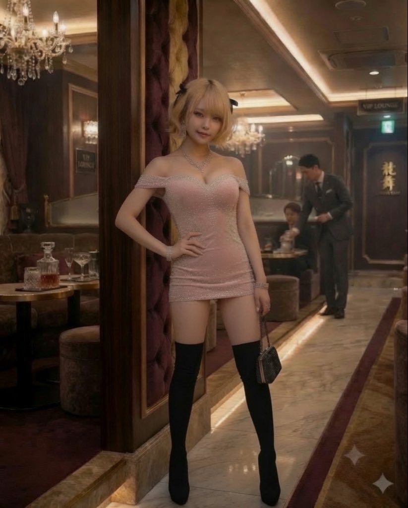 A blonde woman in a short pink dress and black thigh-high boots poses in a dimly lit lounge.