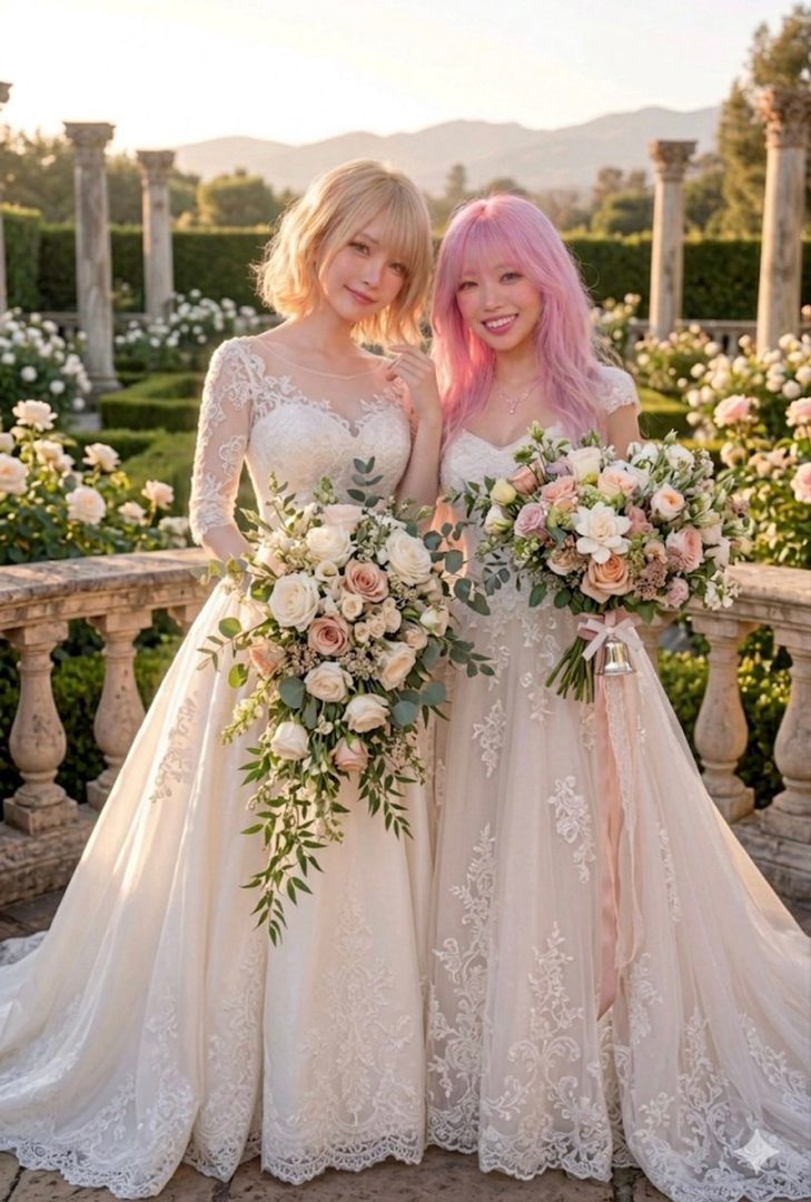 Two women in white wedding dresses holding bouquets of flowers in a beautiful garden with classical architecture.