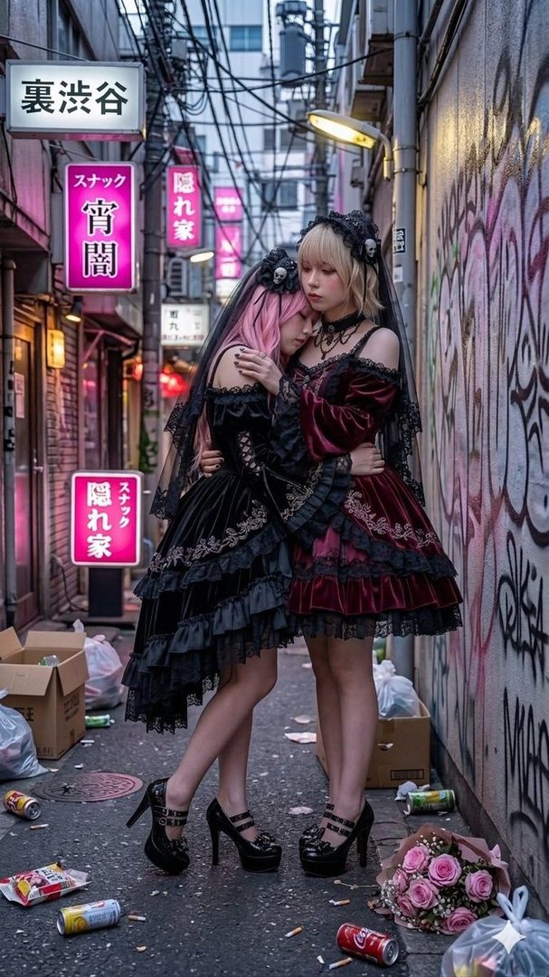 Two women in gothic lolita dresses embrace in a narrow, graffiti-covered alleyway in a Japanese city at night, surrounded by neon signs and urban debris.