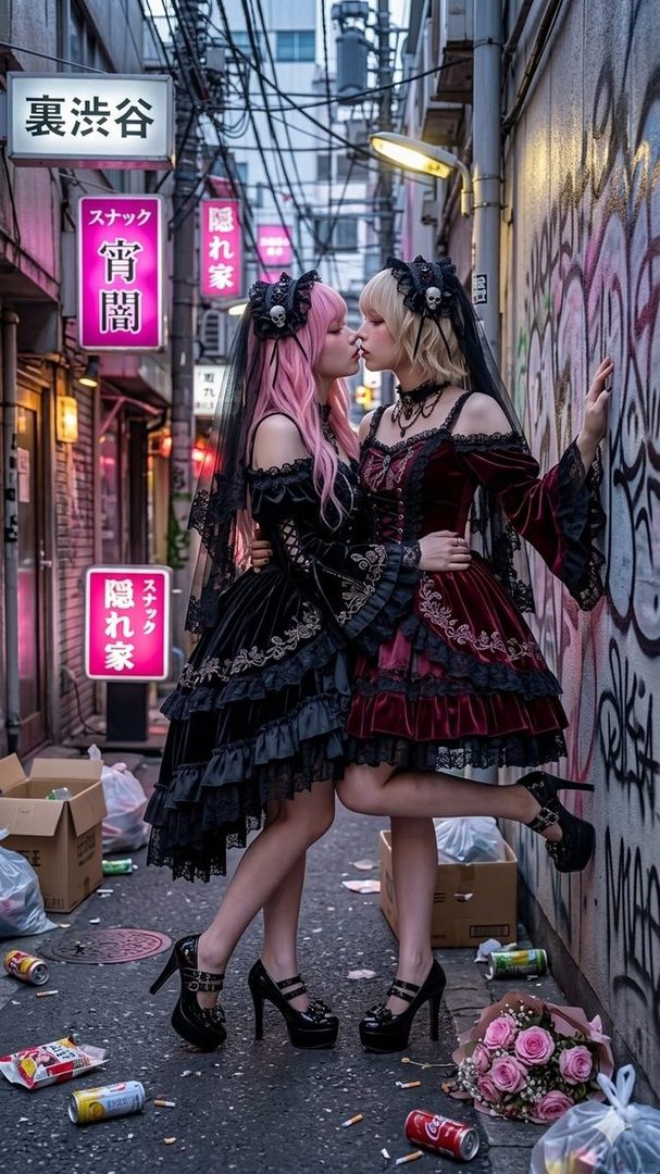 Two women in gothic lolita dresses with pink and blonde hair are kissing in a narrow, graffiti-covered alleyway with neon signs.