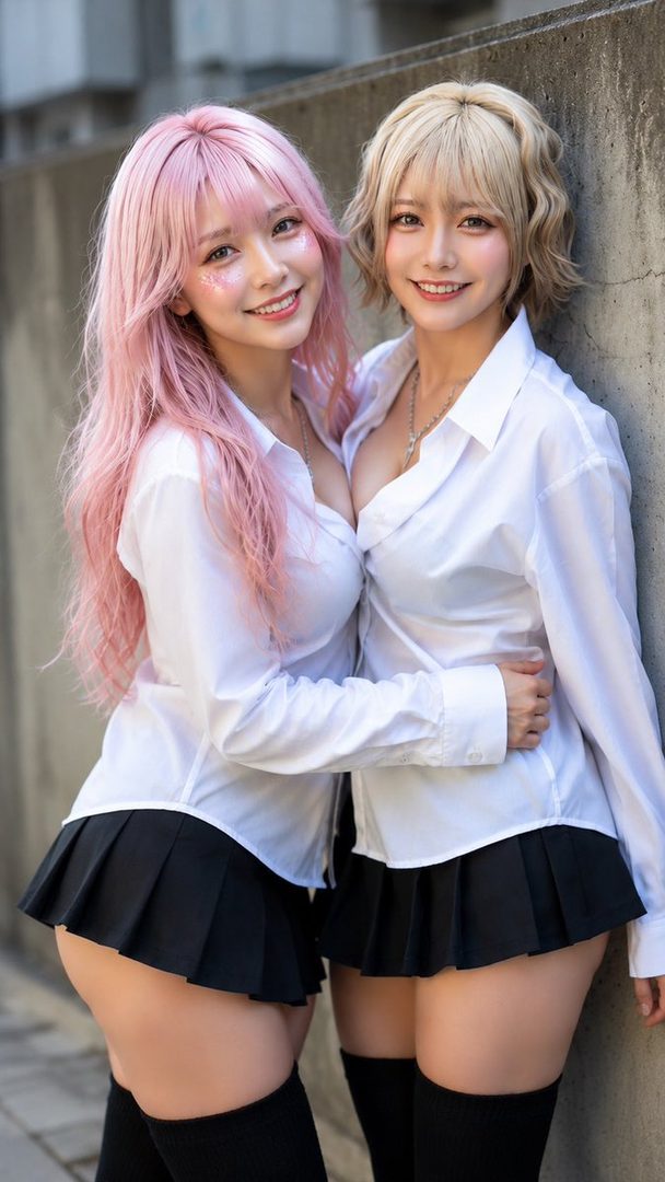 Two women with pink and blonde hair, wearing white shirts and short black skirts, pose together outdoors.