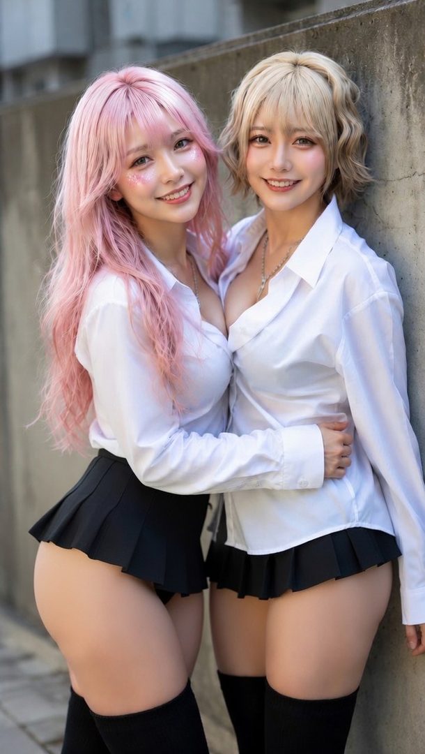 Two young women with pink and blonde hair, wearing white shirts and short black pleated skirts, pose together outdoors.